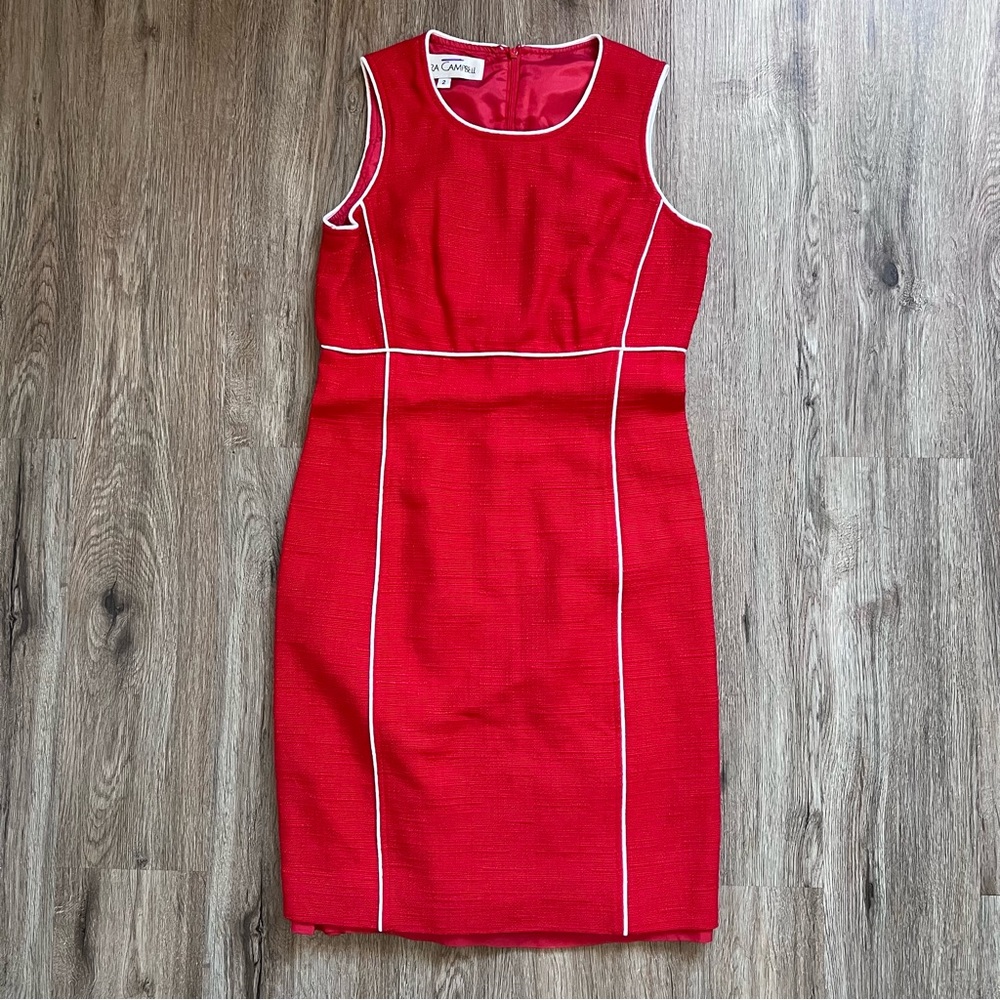 Sara Campbell sleeveless shift dress in red with white piping details Size 2.